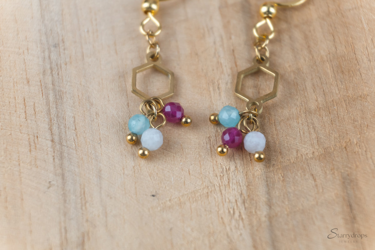 Nola - Oorbellen - Roze & blauwe stenen - Stainless steel - Goud