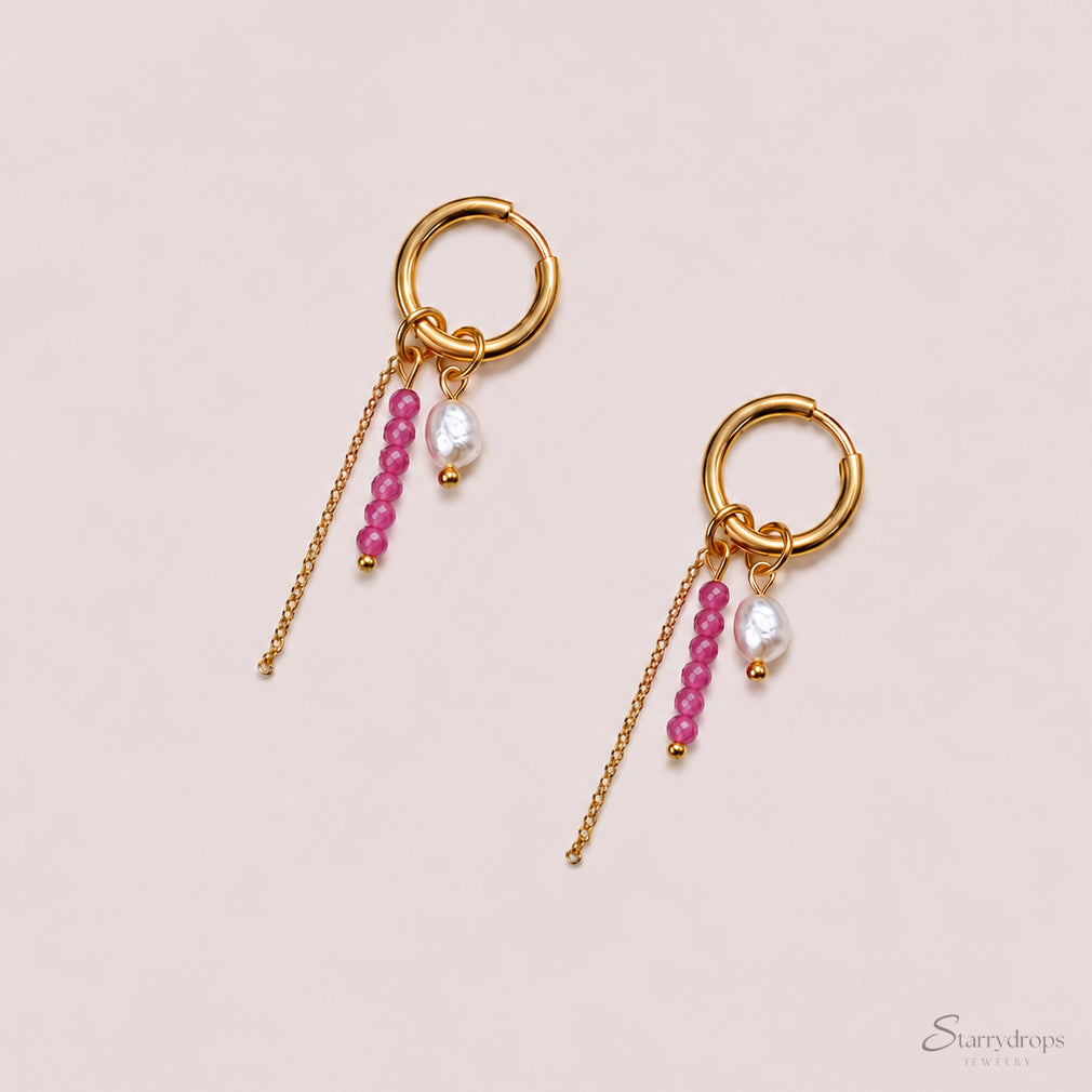 Faye - Hoop oorbellen - Roze toermalijn - Stainless steel - Goud