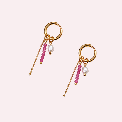 Faye - Hoop oorbellen - Roze toermalijn - Stainless steel - Goud